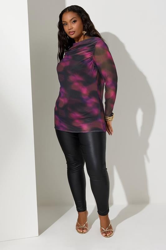 YOURS LONDON Plus Size Purple Blurred Mesh Cowl Neck Top | Yours Clothing 1