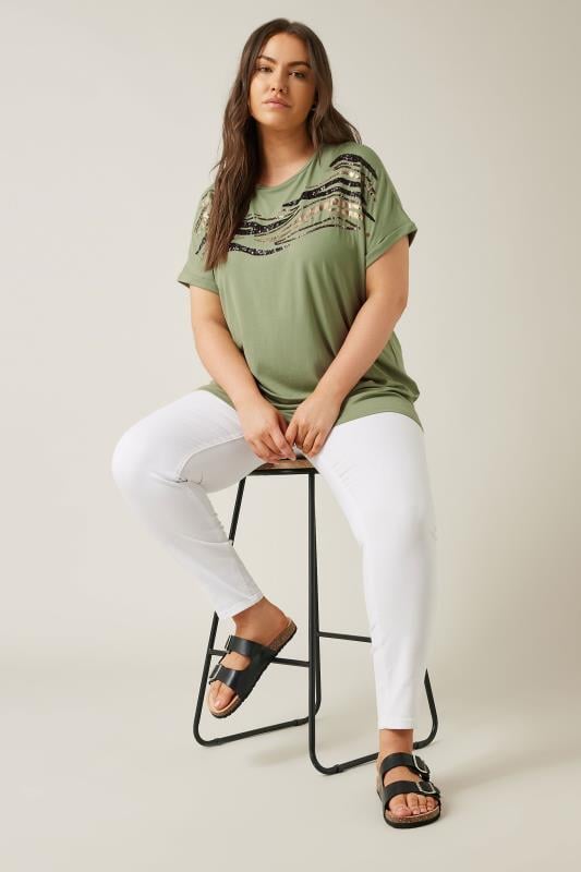 EVANS Plus Size Khaki Green Zebra Print Sequin Embellished T-Shirt | Evans  4