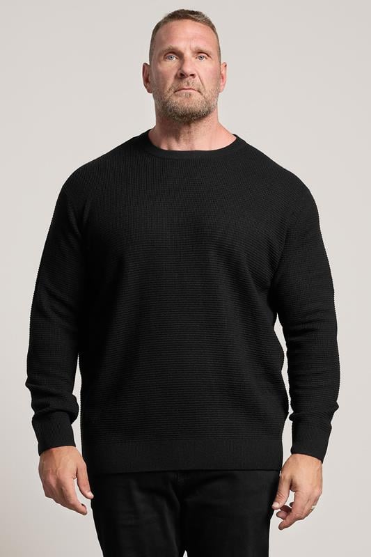BadRhino Big & Tall Black Waffle Crew Neck Jumper | BadRhino 2