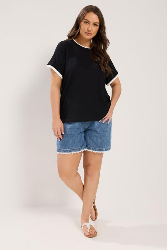 YOURS Plus Size Black Contrast Trim Ringer T-Shirt | Yours Clothing 1