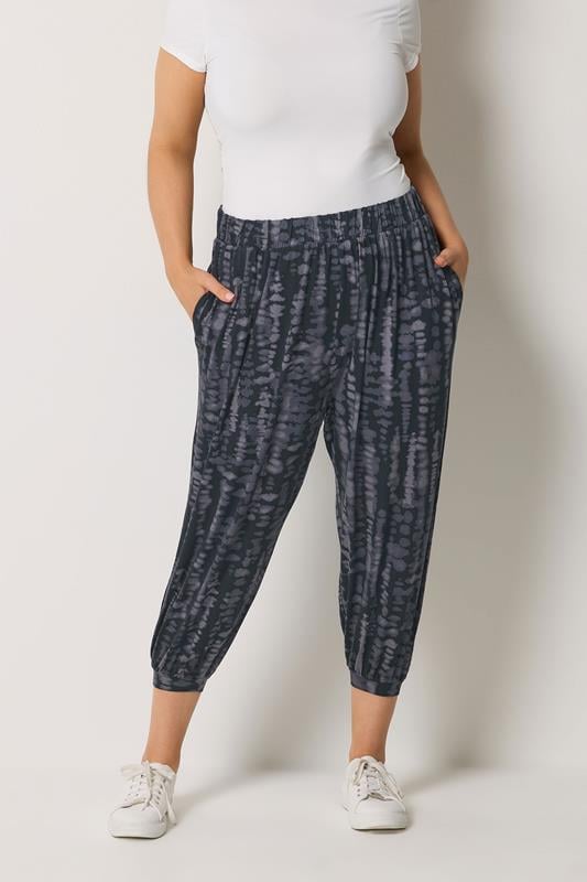 YOURS Curve Grey Tie Dye Grey Cropped Harem Trousers