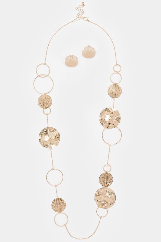 Gold Tone Long Circle Necklace & Earrings Set