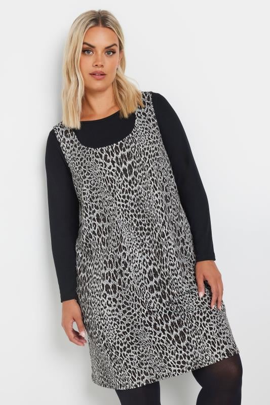 YOURS Plus Size Grey Leopard Print Pinafore Dress | Yours Clothing  1