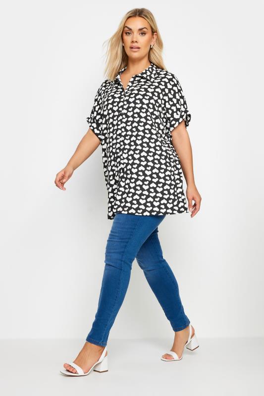 YOURS Plus Size Black Heart Print Structured Shirt | Yours Clothing 2