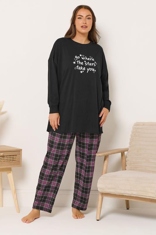 YOURS Plus Size Black Check Wide Leg Pyjama Bottoms | Yours Clothing 1