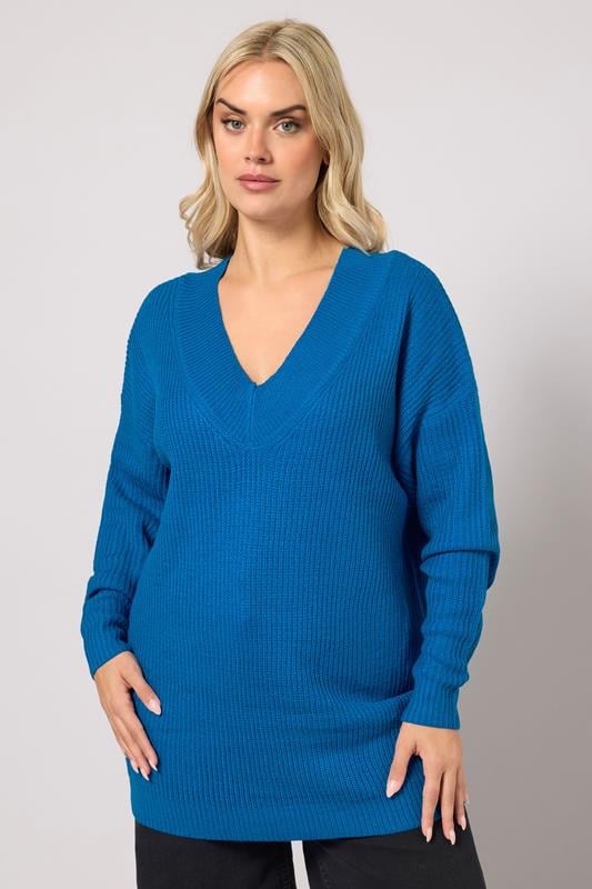 Plus Size  YOURS Curve Blue V-Neck Knitted Jumper