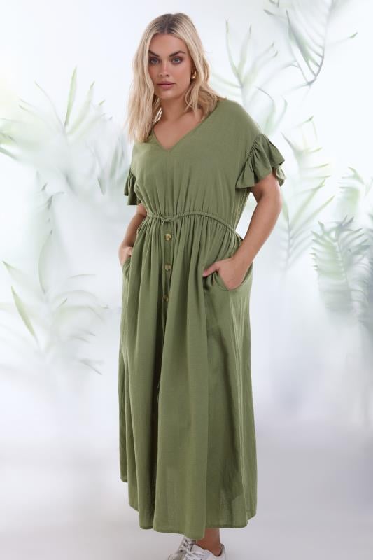 YOURS Plus Size Khaki Green Linen Maxi Dress | Yours Clothing 1