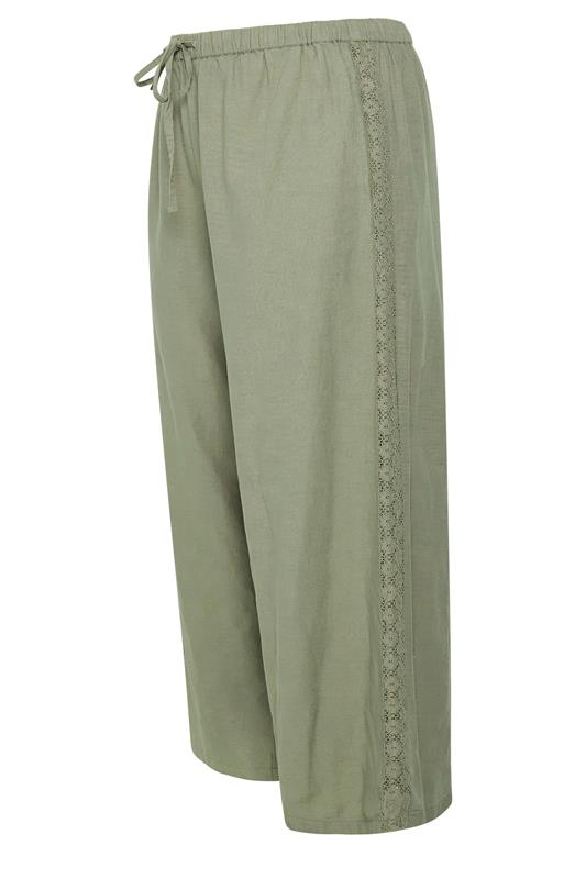 YOURS Plus Size Khaki Green Crochet Detail Linen Trousers | Yours Clothing 6