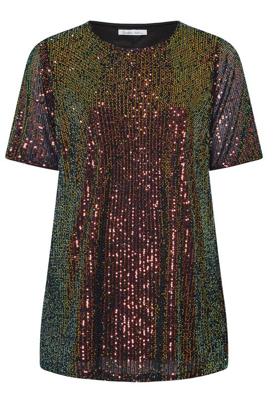YOURS LONDON Plus Size Black Multicoloured Sequin T-Shirt | Yours Clothing 5