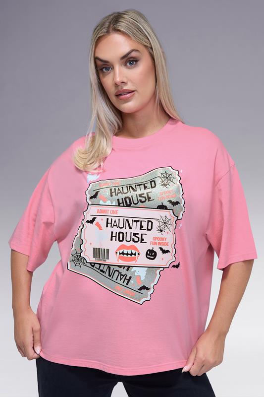  LIMITED COLLECTION Curve Pink 'Haunted House' Glitter Halloween T-Shirt