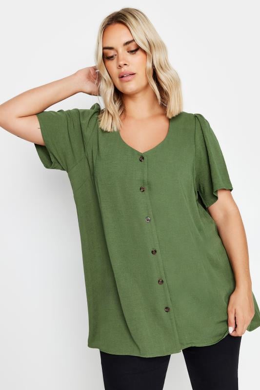 YOURS Plus Size Khaki Green Button Up Blouse | Yours Clothing  1