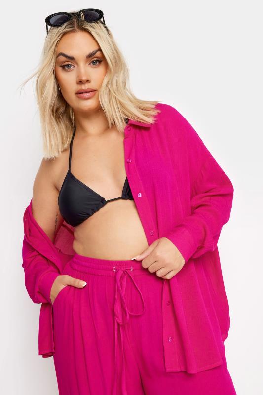 YOURS Plus Size Pink Magenta Crinkle Beach Shirt | Yours Clothing 2