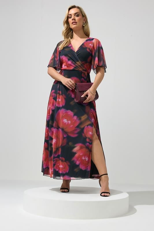  YOURS LONDON Curve Black & Pink Floral Abstract Mesh Dress