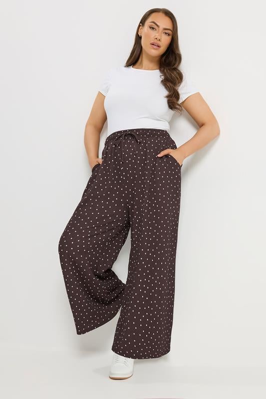 YOURS Plus Size Chocolate Brown Polka Dot Wide Leg Trousers | Yours Clothing 2