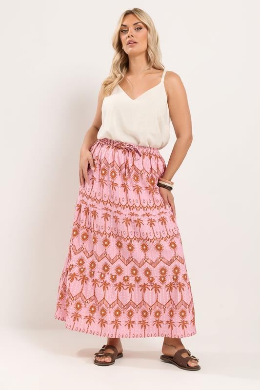  YOURS Curve Pink Palm Tree Printed Skirt