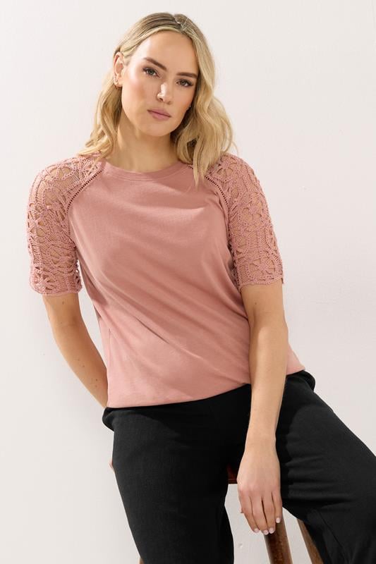 LTS Tall Pink Crochet Raglan Cotton T-Shirt