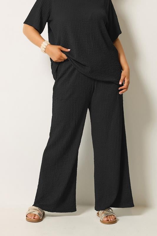  YOURS Curve Black Bubble Texture Wide Leg Trousers