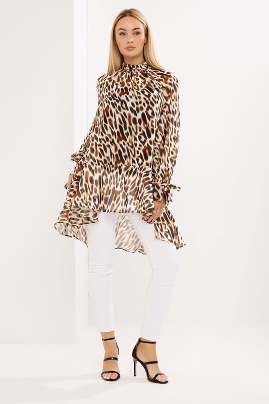  STAR Brown Animal Print Dipped Hem Tunic Top