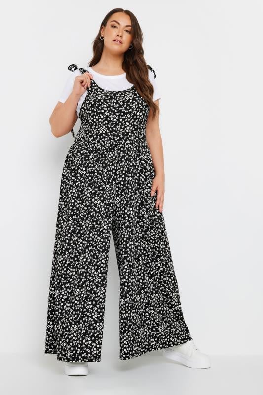 Plus Size  YOURS Curve Black Floral Print Textured Wide Leg Jumpsuit