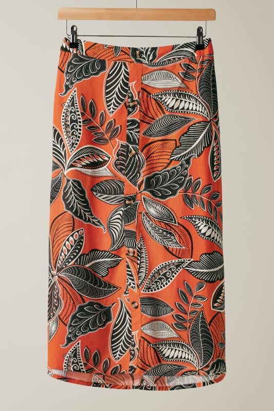 EVANS Plus Size Orange Leaf Print Linen Midi Skirt | Evans 6