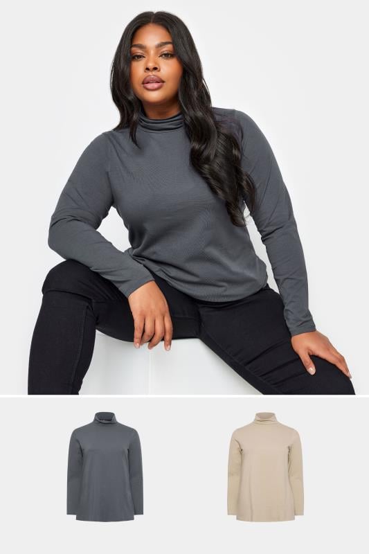 Plus Size  YOURS 2 PACK Curve Charcoal Grey & Beige Brown Turtle Neck Tops