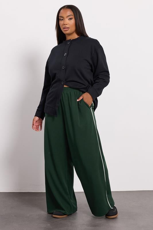  YOURS Curve Forest Green Side Stripe Wide Leg Trousers