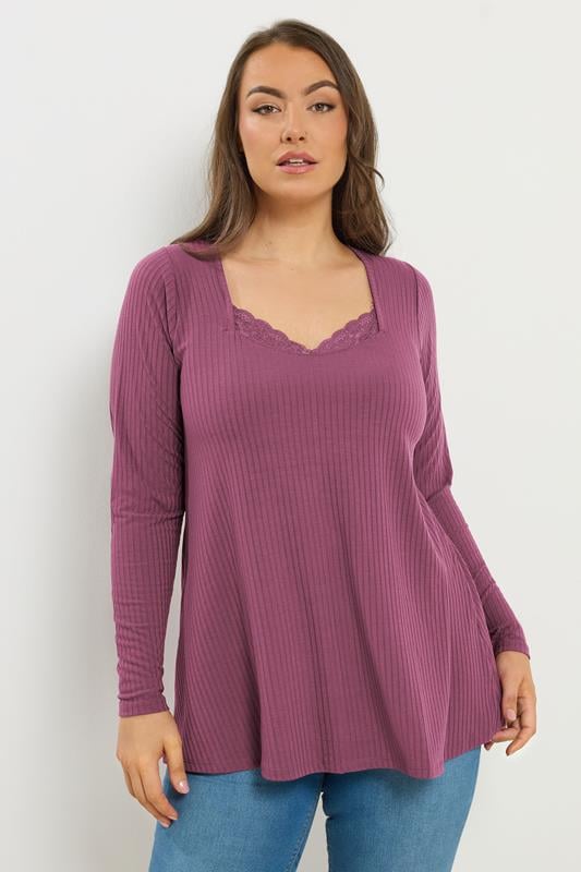 YOURS Curve Dusky Pink Lace Insert Ribbed Top