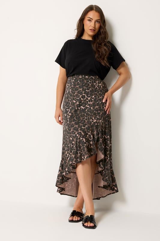  YOURS Curve Chocolate Brown Leopard Print Ruffle Skirt