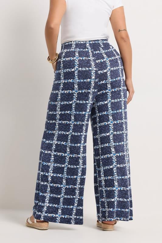 YOURS Plus Size Navy Blue Floral Check Trousers | Yours Clothing 2