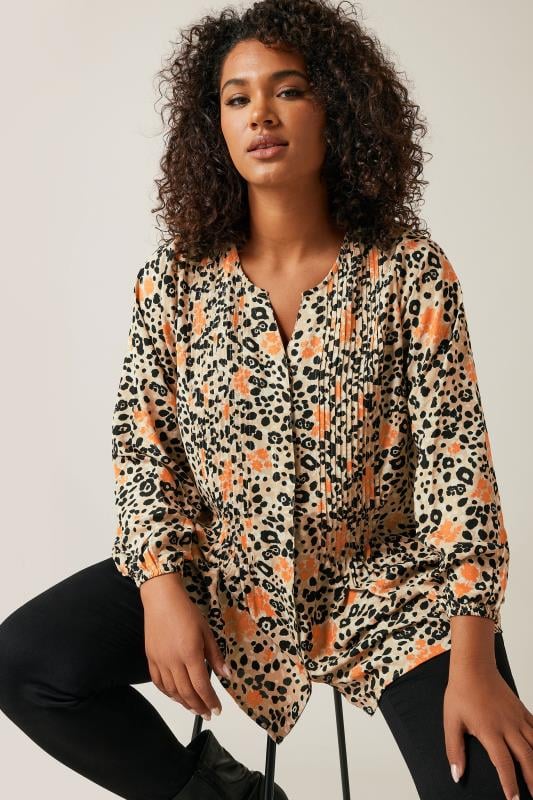 EVANS Plus Size Natural Brown Leopard Print Pintuck Blouse | Evans  1