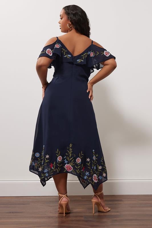 YOURS LONDON Plus Size Navy Blue Floral Embroidered Cold Shoulder Maxi Dress | Yours Clothing 3