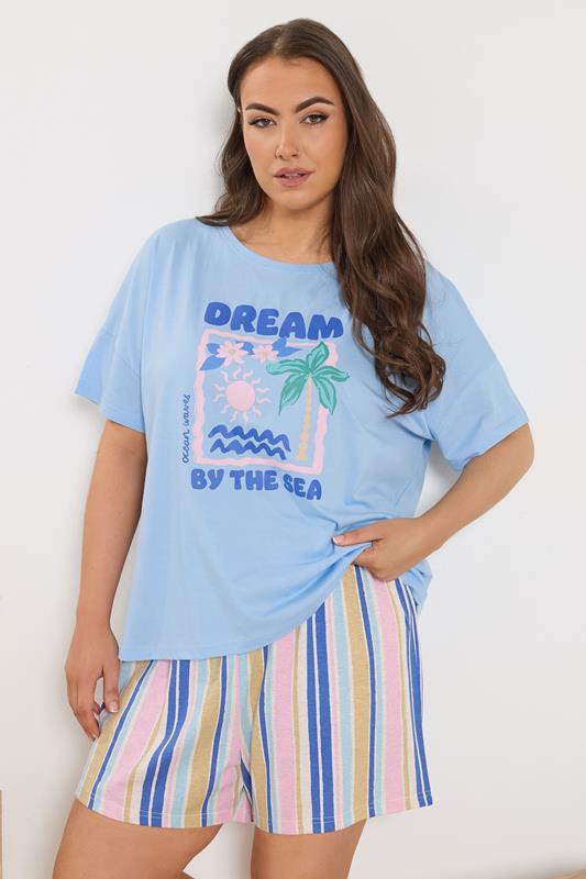  YOURS Curve Natural Brown & Blue Stripe Pyjama Shorts