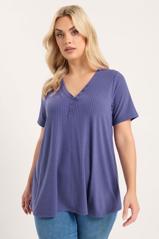  YOURS Curve Purple Henley Short Sleeve T-Shirt