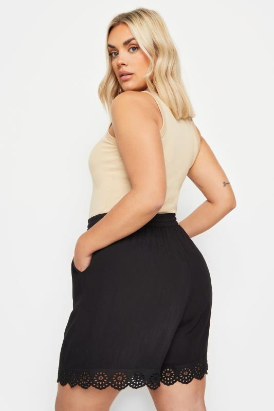 YOURS Plus Size Black Broderie Anglaise Scalloped Shorts | Yours Clothing 5