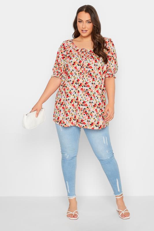 YOURS Curve Plus Size White & Red Floral Tie Neck Top | Yours Clothing  2