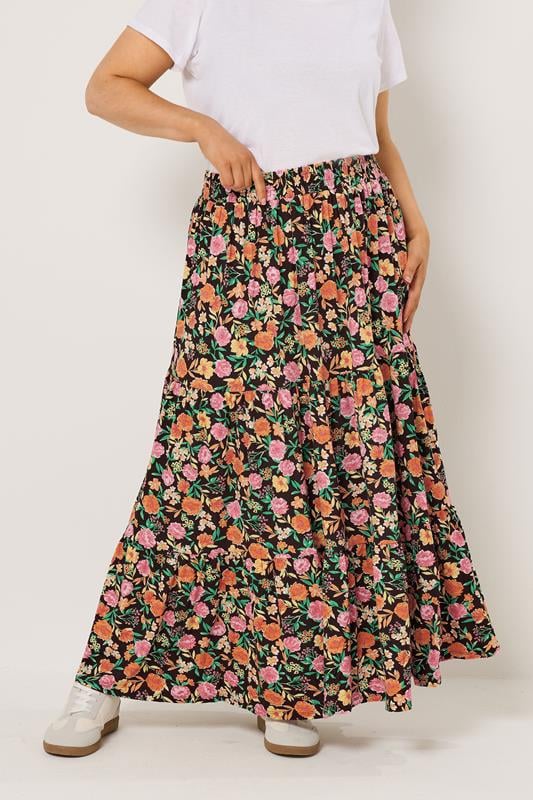 YOURS Plus Size Black Floral Tiered Skirt | Yours Clothing 1