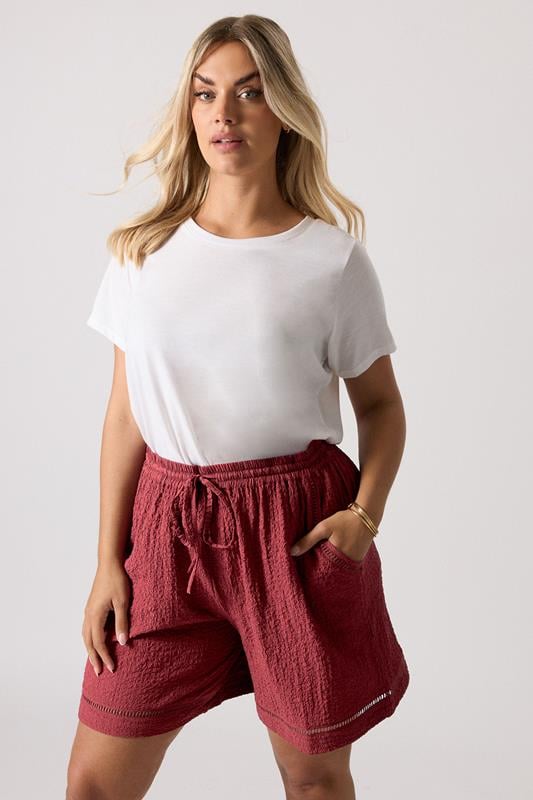 YOURS Plus Size Dark Red Crochet Trim Shorts | Yours Clothing 1