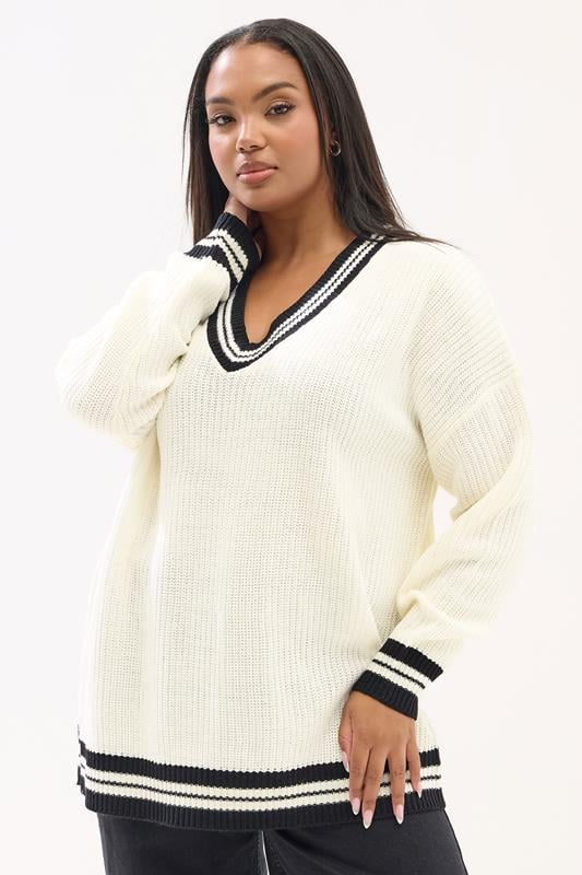  YOURS Curve Ivory White Contrast V-Neck Knitted Jumper