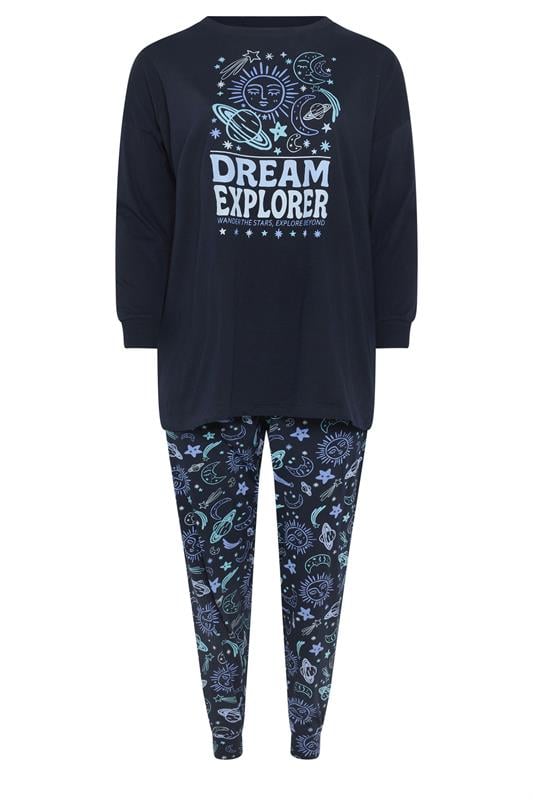 YOURS Plus Size Navy Blue 'Dream Explorer' Cuffed Pyjama Set | Yours Clothing 6