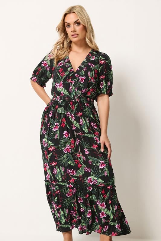 YOURS Plus Size Black Tropical Shirred Neck Maxi Dress | Yours Clothing 1