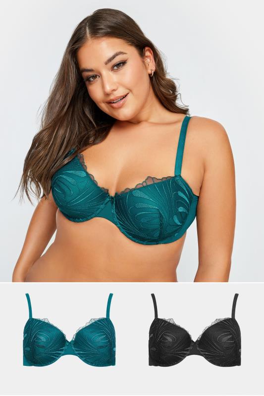 Plus Size  YOURS 2 PACK Black & Green Leaf Embossed T-Shirt Bras