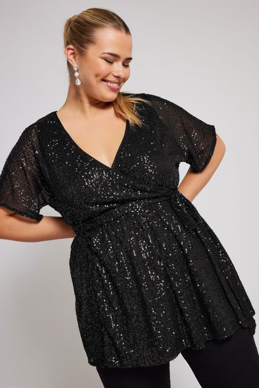 YOURS LONDON Plus Size Black Sequin Wrap Top | Yours Clothing  1