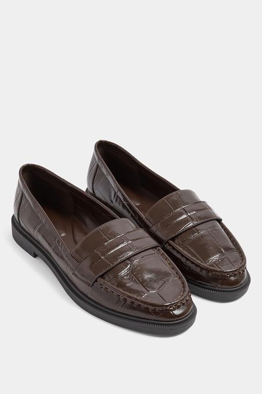 Chocolate Brown Croc Embossed Loafers In Wide E Fit | Yours Clothing 1