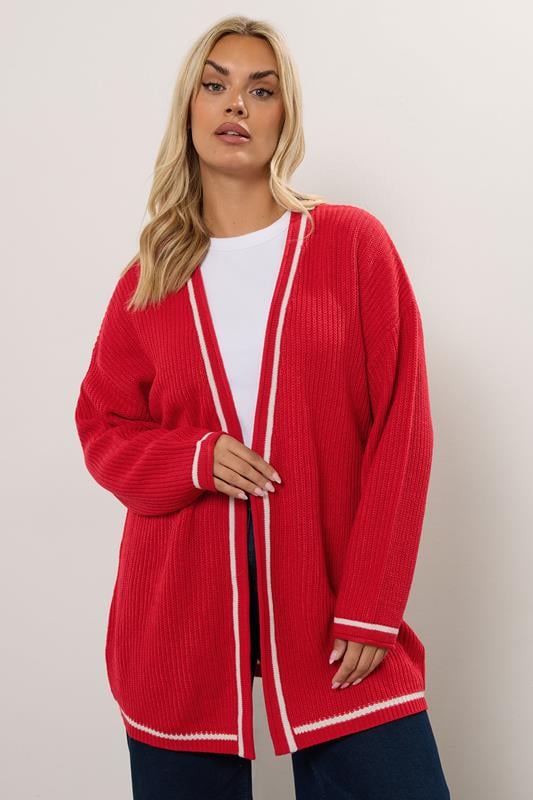 Plus Size  YOURS Curve Red Contrast Tipping Knitted Cardigan
