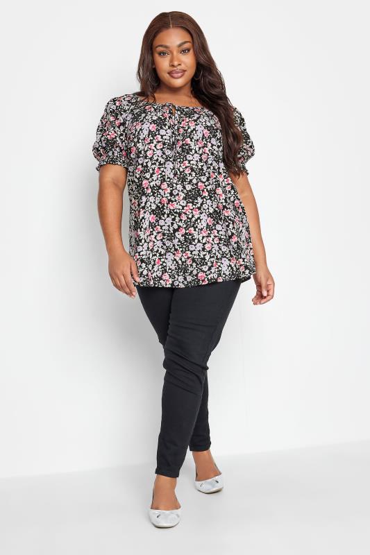 YOURS Plus Size Black & Pink Floral Tie Front Top | Yours Clothing 2