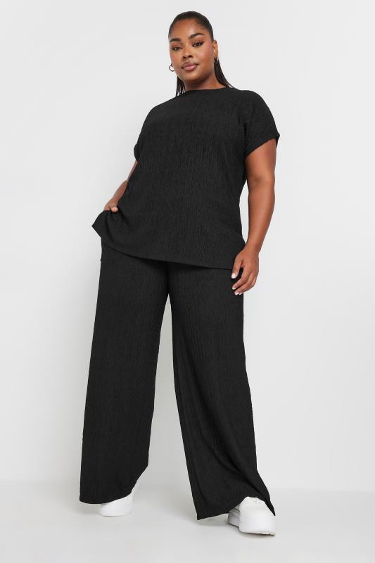 YOURS Plus Size Black Crinkle Plisse Wide Leg Trousers | Yours Clothing 2