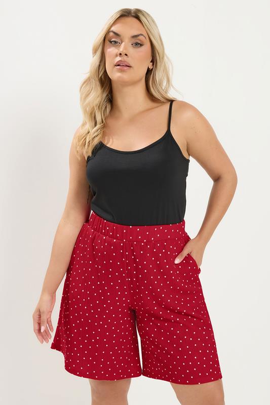 YOURS Plus Size Red Polka Dot Crinkle Shorts | Yours Clothing 1