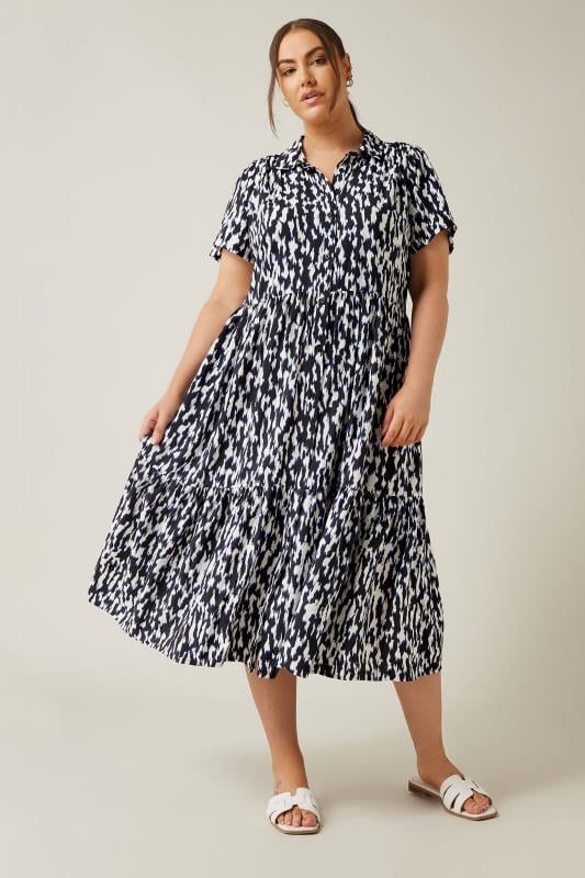 Plus Size  EVANS Curve Navy Blue Abstract Print Midi Shirt Dress