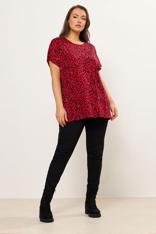 YOURS Plus Size Red Leopard Drop Shoulder Top | Yours Clothing 1