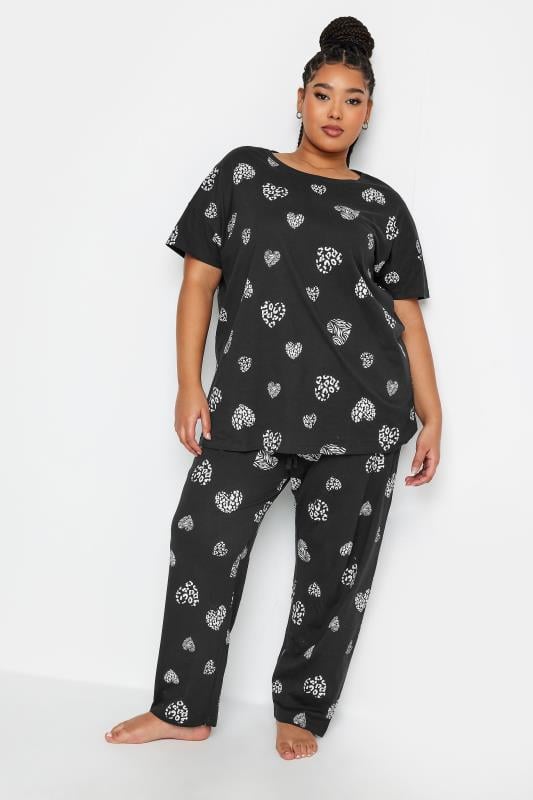 Plus Size  YOURS Curve Black Animal Heart Print Pyjama Set